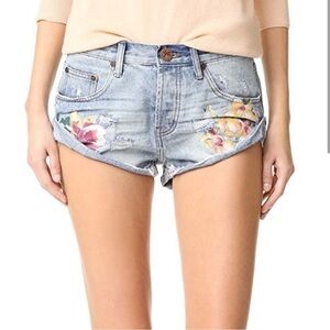 One Teaspoon Bandits Blue Jean Shorts Distressed Painted Flowers Size 25